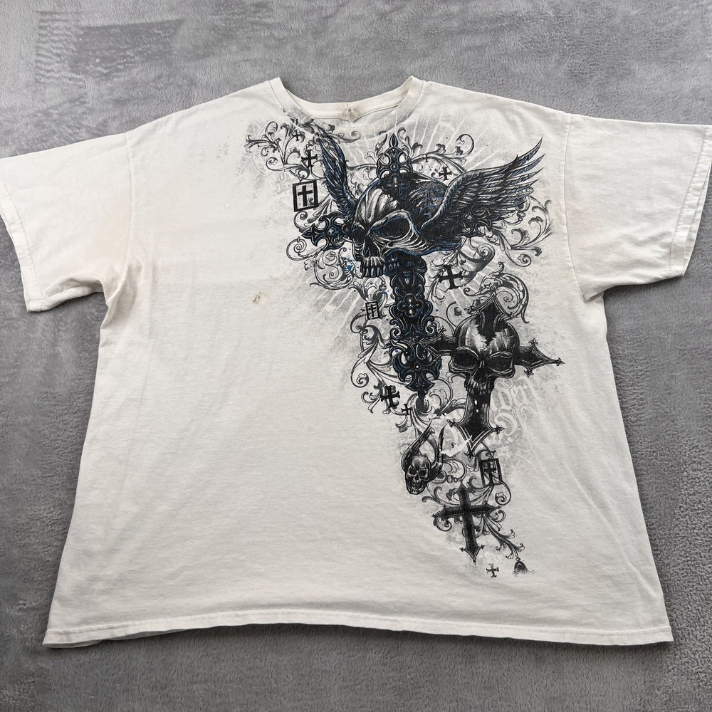 Gildan Winged Skull Cross Tattoo Graphic T Shirt 2XL White Men Y2K Grunge Biker